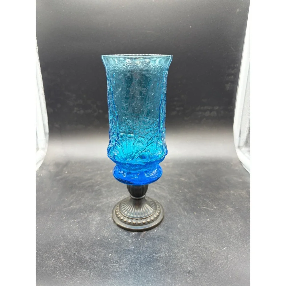 Vintage Blue Bark Textured Glass Hurricane Sconce Bronze Pedestal Base 8.25 Inch